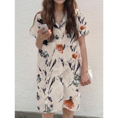 Cottagecore Plant Print Pocket Button Short Sleeve Shirt Dress