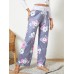 Plus Size Women Floral Printing Drawstring Waist Loose Casual Home Pajamas Pants