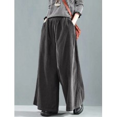 Women Wide Leg Corduroy Casual Solid Elastic Waist Loose Pants With Side Pocket