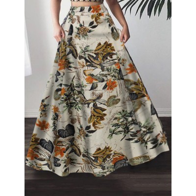 Women 100  Cotton Plant Floral Print High Waist Bohemia Maxi Skirts