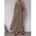 Solid Pocket Cotton Ruched Round Neck Sleeveless Maxi Dress