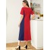 Pocket Round Neck Splicing Loose Fit Short Sleeve Maxi Dress