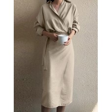 Lapel Long Sleeve V  Neck Solid Sash Midi Dress