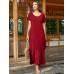 Round Neck Solid Pocket Loose Fit Short Sleeve Split Maxi Dress