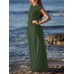 Sleeveless Solid Round Neck Ruched Hollow Out Maxi Dress