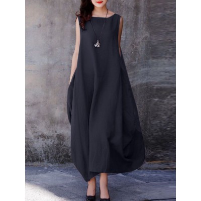 Solid Pocket Cotton Round Neck Sleeveless Casual Maxi Dress