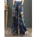 Women 100  Cotton Flared Wide  Leg Floral Printed Retro Side Pockets Pants