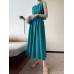 Solid Button Pocket Drawstring Show Waist Sleeveless Maxi Dress