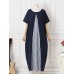 Pocket Short Sleeve Splicing Striped Color Block Maxi Dress