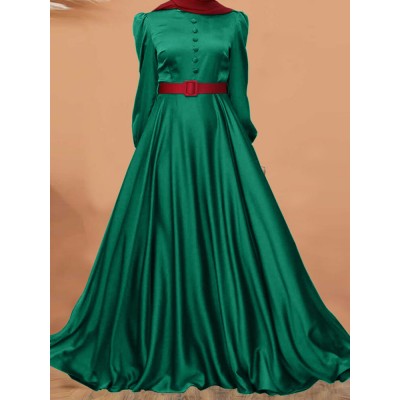 Puff Sleeve Button Pleat Round Neck Solid Maxi Dress