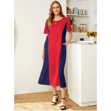 Pocket Round Neck Splicing Loose Fit Short Sleeve Maxi Dress