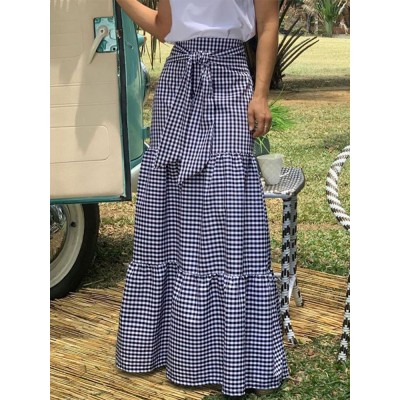 Women Plaid Pleated Lace  Up Elastic Waist Swing Skirts