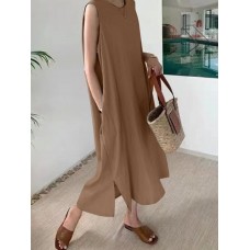 Leisure Solid Pocket Slit Hem Sleeveless Maxi Dress