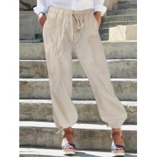 Women Solid Color Drawstring Elastic Waist Casual Cargo Jogger Pants