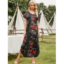 V  Neck Short Sleeve Pocket Flower Split Maxi Dress