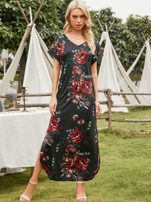 V  Neck Short Sleeve Pocket Flower Split Maxi Dress