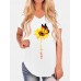 Casual Loose Butterfly Sunflower Print V  neck Irregular Hem T  shirts