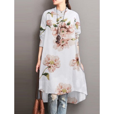 Flower Print Button Loose Stand Collar Midi Dress