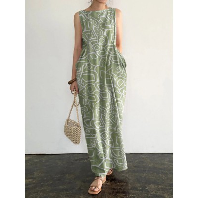 Sleeveless Round Neck Pocket Print Paisley Maxi Dress