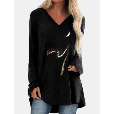 Cat Print Long Sleeves V  neck High Low Hem Casual T  shirt For Women