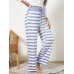 Women Plus Size Striped Brief Style Drawstring Waist Loose Daily Home Pajamas Pants