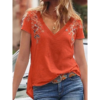 Floral Embroidery V  Neck Short Sleeve Casual T  Shirts For Women