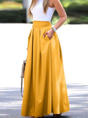 Women Solid Color High Waist Big Swing Zipper Casual Loose Long Skirt With Pocket