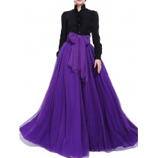 Bow Belt Solid Color Mesh Tulle Pleated High Waist Women Maxi Skirt