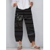 Women Black Cat Print Striped Elastic Waist Plus Size Casual Pants