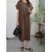 Leisure Solid Slit Hem Round Neck Short Sleeve Midi Dress