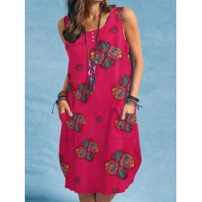 Flower Print Pocket Button Sleeveless Round Neck Midi Dress