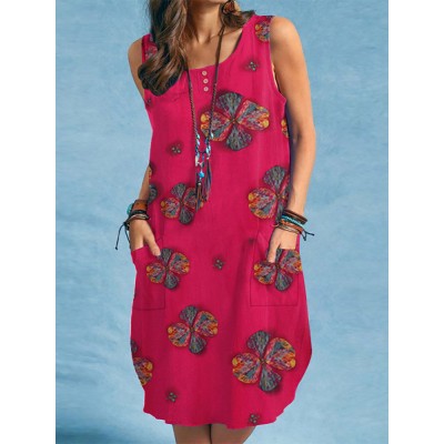 Flower Print Pocket Button Sleeveless Round Neck Midi Dress