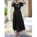 Leisure Solid Tie  Up Ruched Square Collar Maxi Dress