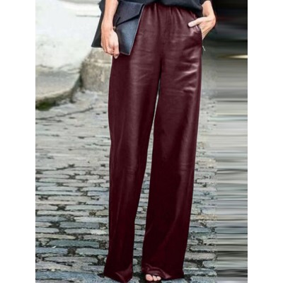 Women Casual Solid Wide  Legged Elastic Waist Side Pockets Leather Pants