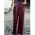 Women Casual Solid Wide  Legged Elastic Waist Side Pockets Leather Pants