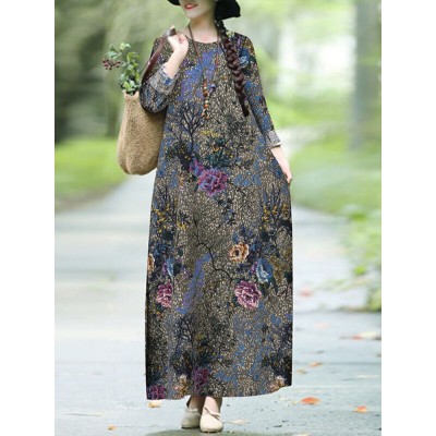 Plant Flower Print Round Neck Long Sleeve Casual Maxi Dress