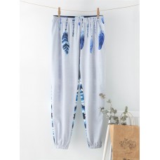 Ethnic Feather Print High Waist Sports Casual Pants For Women