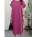 Leisure Solid Slit Hem Round Neck Short Sleeve Midi Dress