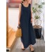 Solid Pocket Drawstring Sleeveless Cotton Casual Maxi Dress