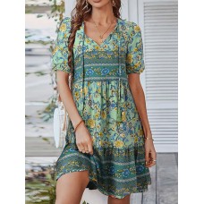 Floral Print Tassel V  neck Knotted Short Sleeve Bohemian Dress