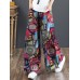 Women 100  Cotton Flared Wide  Leg Floral Printed Retro Side Pockets Pants