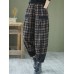 Women Cropped Check Print Pocket Stitch Elastic Waist Denim Casual Pants