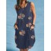 Flower Print Pocket Button Sleeveless Round Neck Midi Dress