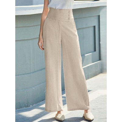 Solid Pocket Button Wide Leg High Waist Casual Pants