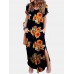 V  Neck Short Sleeve Pocket Flower Split Maxi Dress