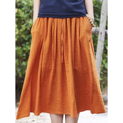 Women Casual Solid Color Cotton Linen Skirts