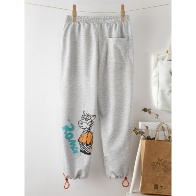 Cartoon Animal Print Drawstring Pocket Elastic Waist Casual Pants For Women