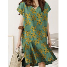 Floral Print Ruffle V Neck Cap Sleeve Midi Dress For Women