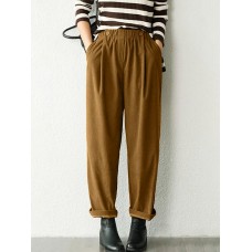 Women Corduroy Pleated Solid Elastic Waist Side Pockets Casual Pants