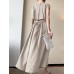 Solid Button Pocket Drawstring Show Waist Sleeveless Maxi Dress